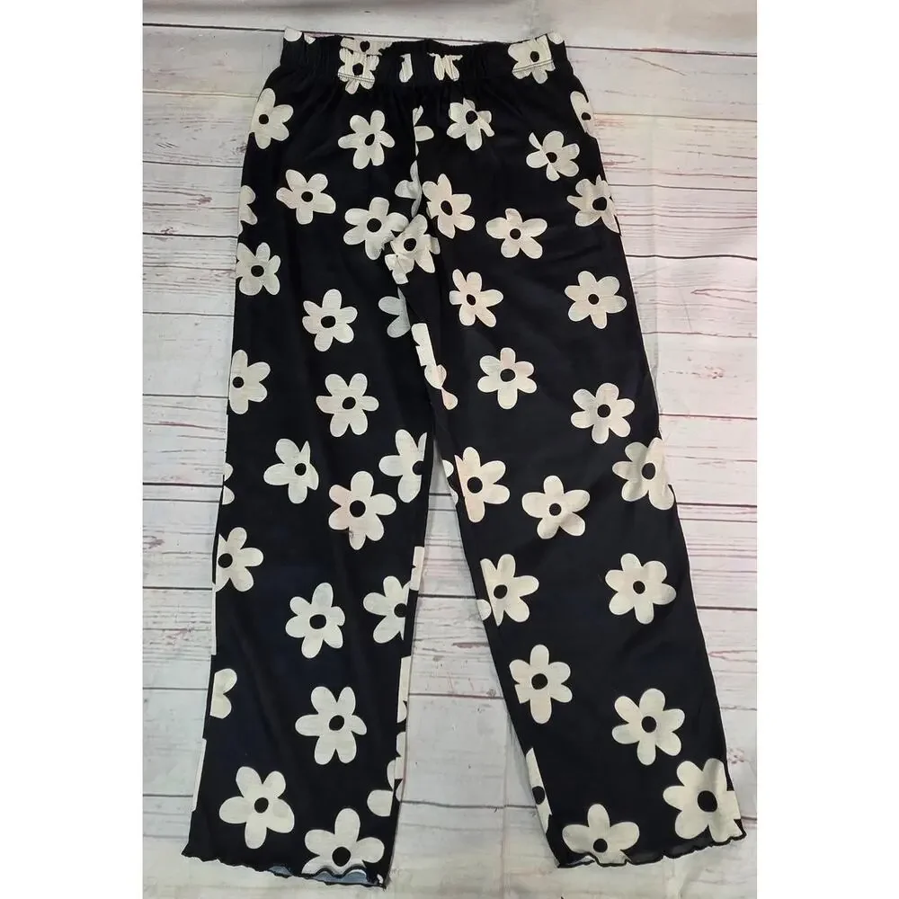 Cat & Jack Girls Daisy 2Pc Pajama Set Black Cream Size L 10/12 NWT